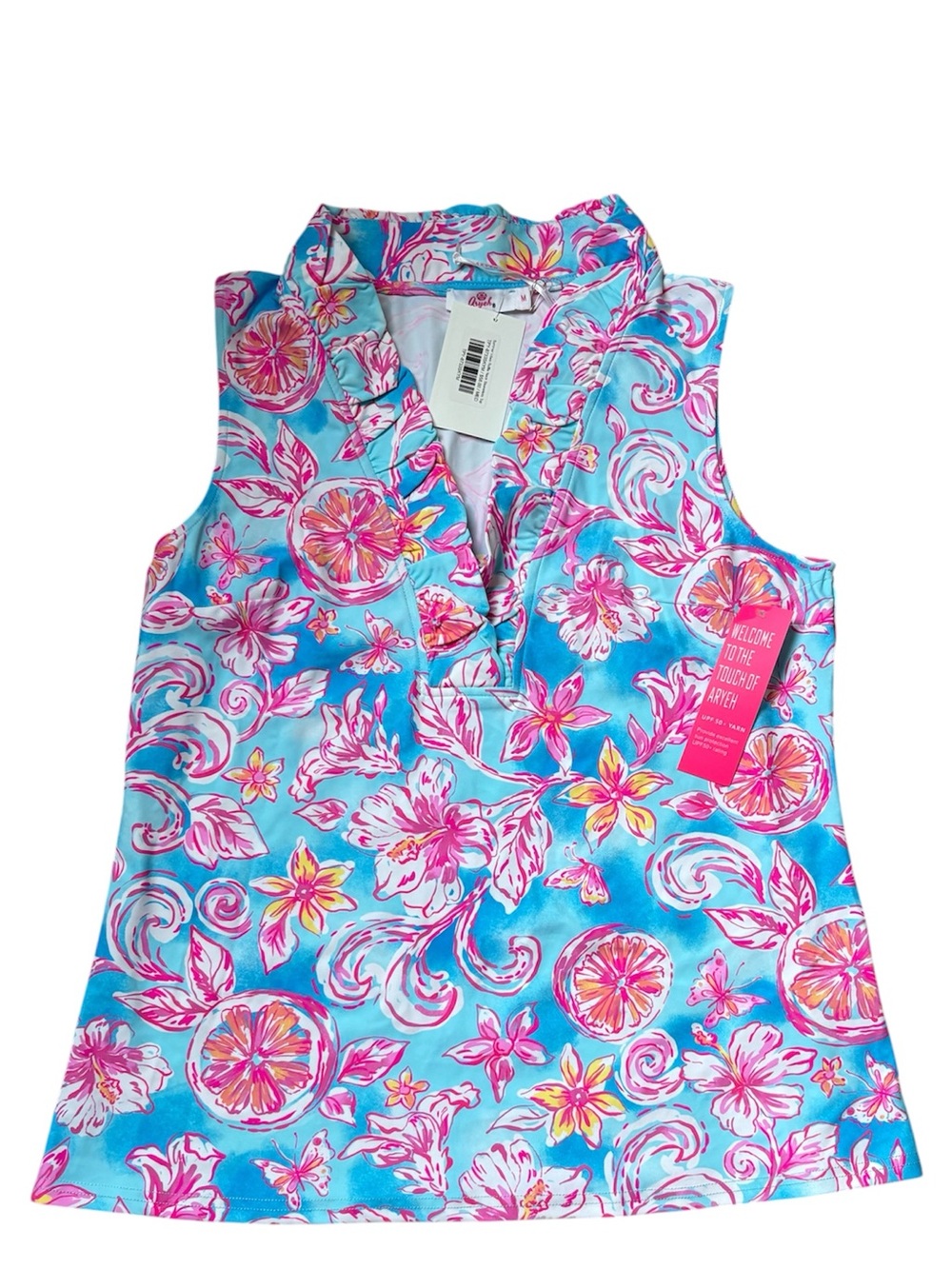 NWT Areyah Sleeveless V-Neck Floral UPF 50 Polo Top in Aqua & Pink